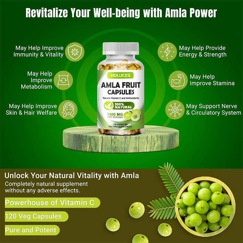 HOLUCKS Organic Amla Fruit 1500mg Capsules – Daily Vitamin C Supplement for Immune, Skin & Hair Support