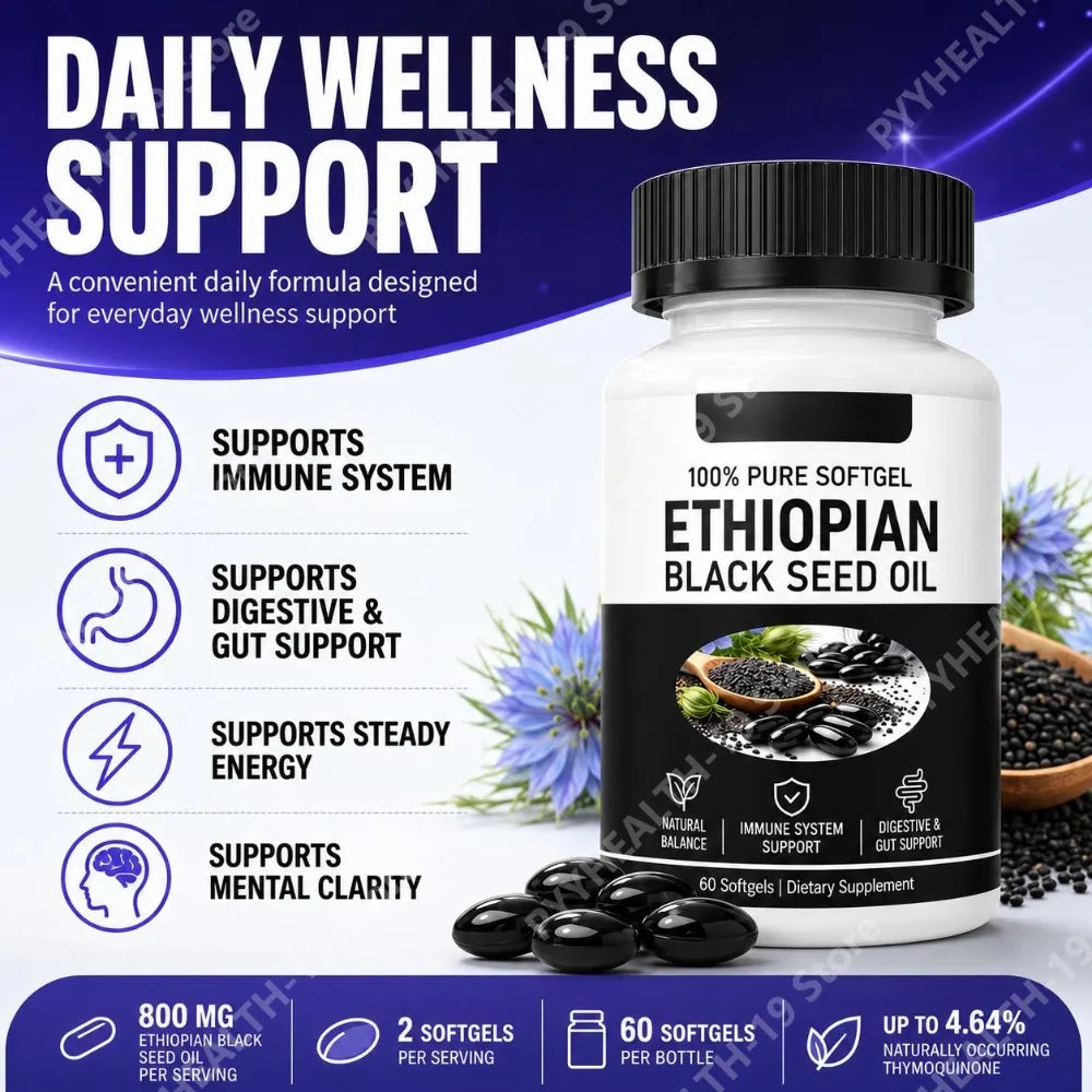 Ethiopian Black Seed Oil Softgels 800mg – 4.64% Thymoquinone, 60 Softgels