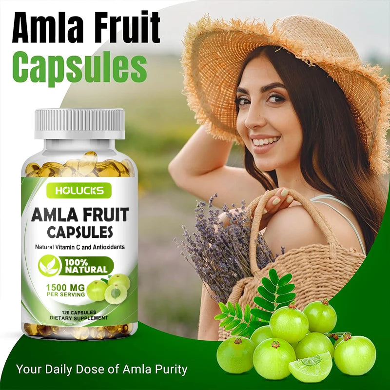 HOLUCKS Organic Amla Fruit 1500mg Capsules – Daily Vitamin C Supplement for Immune, Skin & Hair Support