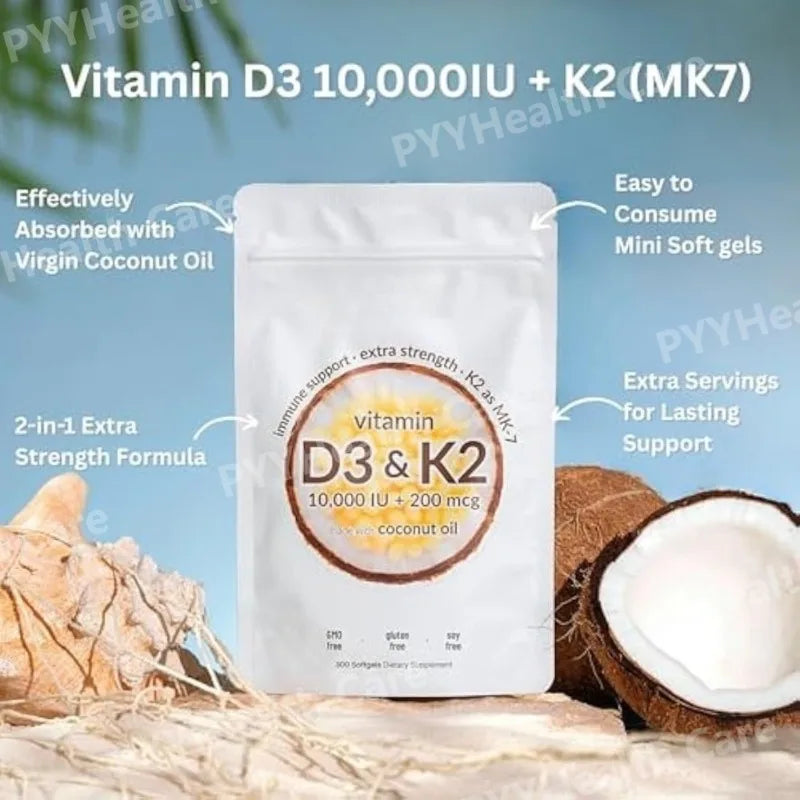 Vitamin D3 10,000 IU + K2 MK-7 200 mcg Softgels with Coconut Oil – Vitamin D & K Supplement