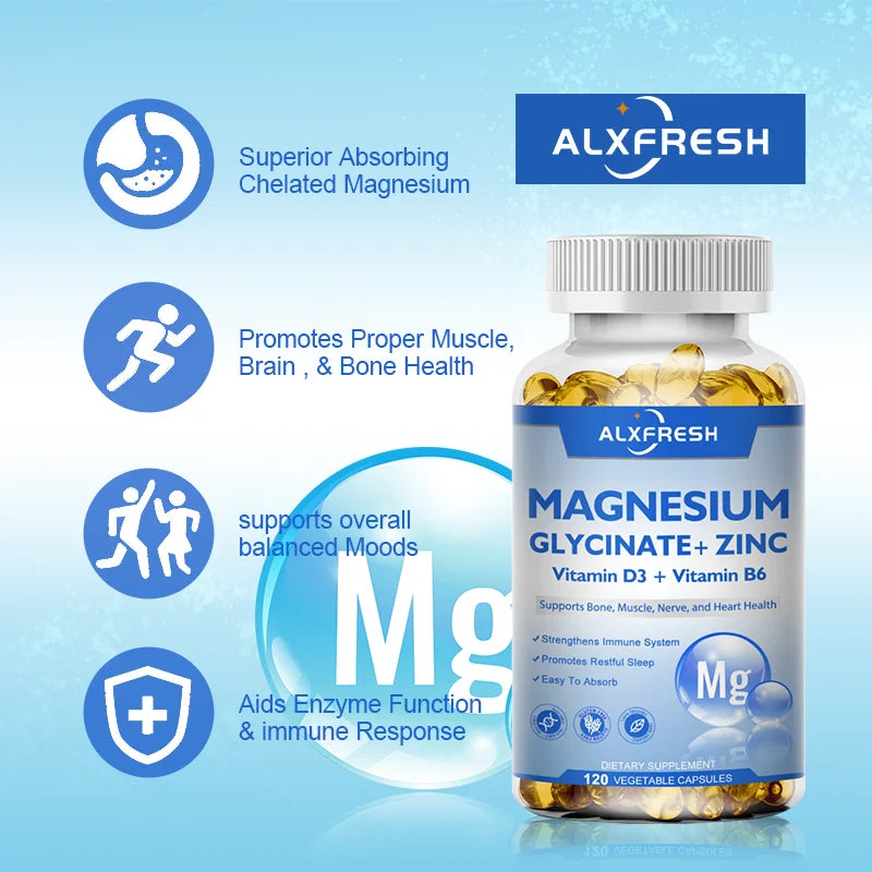 ALXFRESH Magnesium Glycinate 500mg Capsules – High Absorption Magnesium with Zinc, Vitamin D3 & Vitamin B6