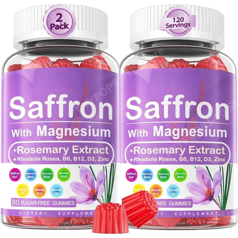 Saffron Gummies with Magnesium Glycinate, Vitamins B6, B12 & D3 – Sugar-Free Mood, Relaxation & Focus Support, 120 Gummies