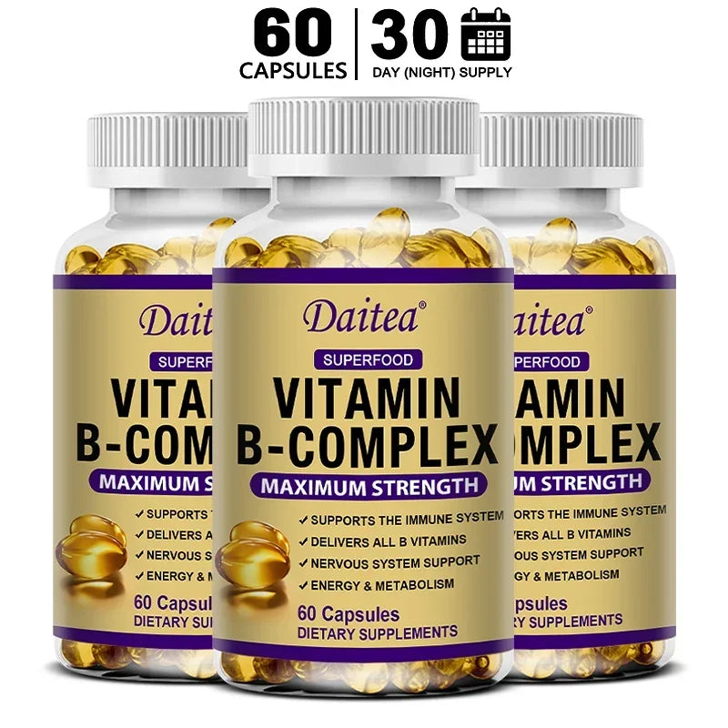 Vitamin B Complex Capsules with B12, B6 & Biotin – Energy Metabolism, Nervous System, Immune & Stress Support Supplement (30/60/120 Capsules)
