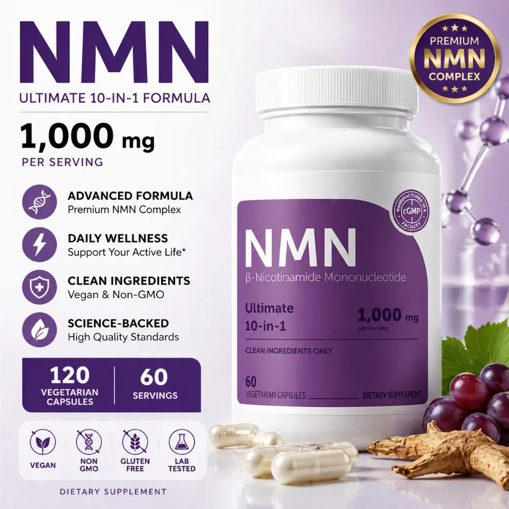 NMN Capsules 1000mg with Resveratrol, CoQ10 & Vitamin C – Vegan Daily Wellness Supplement, 120 Capsules