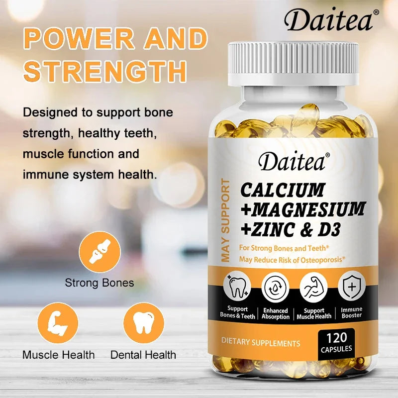 DAITEA Calcium Magnesium Zinc with Vitamin D3 Capsules – Daily Bone, Teeth & Immune Support