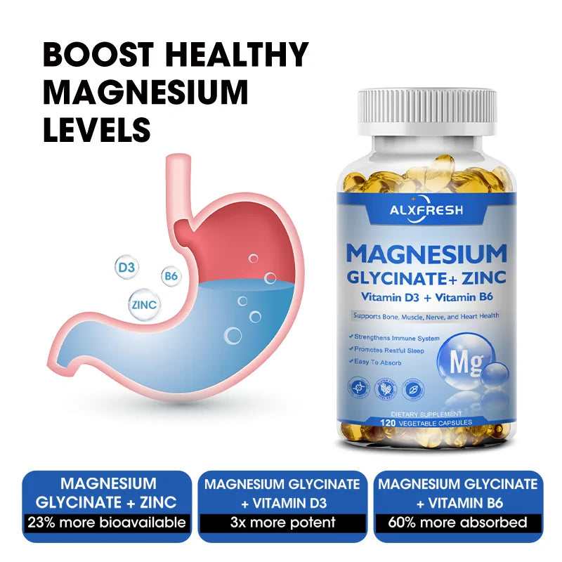 ALXFRESH Magnesium Glycinate 500mg Capsules – High Absorption Magnesium with Zinc, Vitamin D3 & Vitamin B6