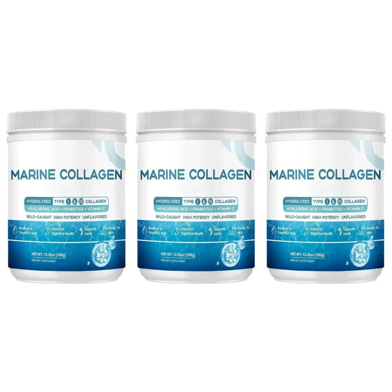 Marine Collagen Peptides Powder – Type I & III Collagen with Vitamin C, Hyaluronic Acid & Probiotics, Unflavoured, 350g
