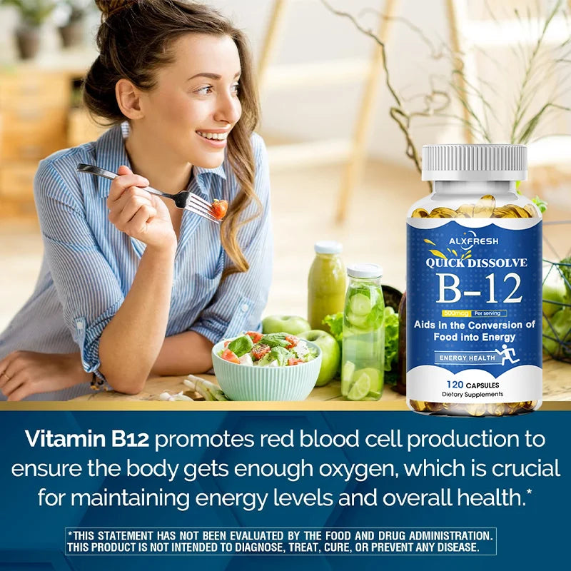 ALXFRESH Vitamin B12 Capsules – Daily B12 Supplement for Energy, Nervous System & Mood Support