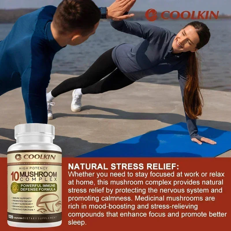 Coolkin 10-in-1 Mushroom Complex Capsules – Lion's Mane, Reishi & Adaptogenic Mushroom Blend for Brain, Memory & Immune Support
