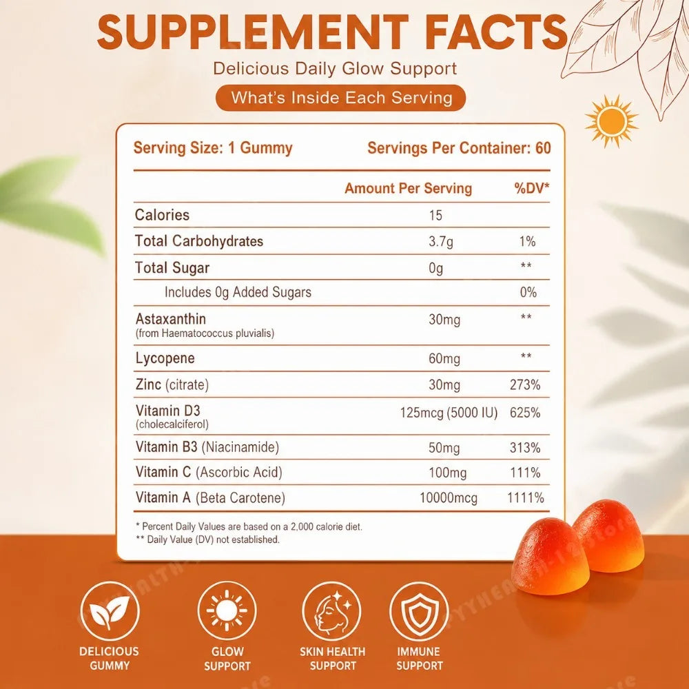Sunless Tanning Gummies with Beta-Carotene – Bronzing Glow Support, 60 Gummies