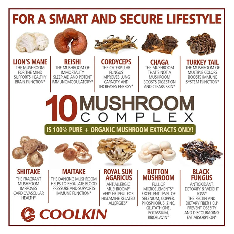 Coolkin 10-in-1 Mushroom Complex Capsules – Lion's Mane, Reishi & Adaptogenic Mushroom Blend for Brain, Memory & Immune Support