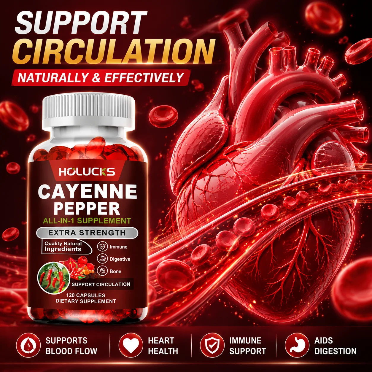 Cayenne Pepper Capsules with Vitamin D3 & K2 – Metabolism, Digestive, Circulation, Bone & Joint Support Supplement (60/120 Capsules)