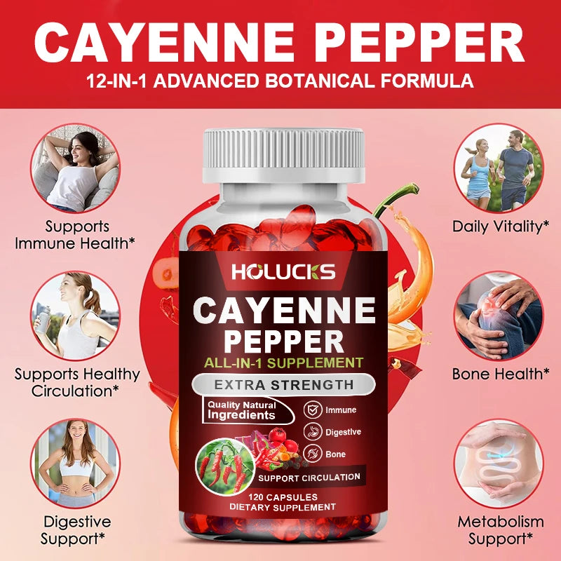 Cayenne Pepper Capsules with Vitamin D3 & K2 – Metabolism, Digestive, Circulation, Bone & Joint Support Supplement (60/120 Capsules)