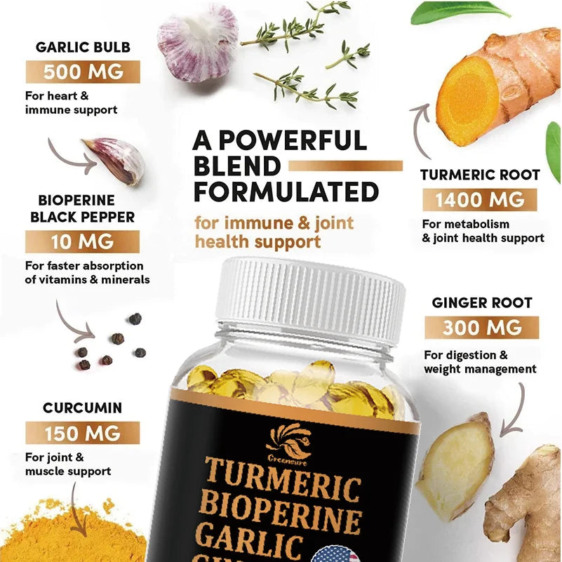 Turmeric, Ginger & Garlic Capsules with Black Pepper – Herbal Wellness Supplement, 60/120 Capsules