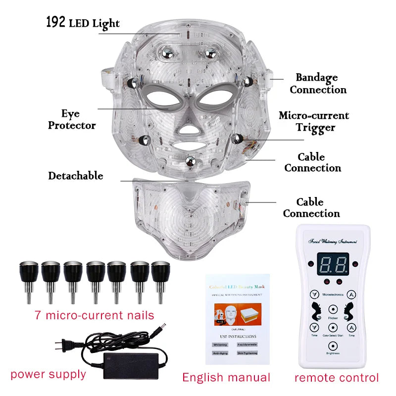 7-Color LED Face & Neck Therapy Mask – 192 LEDs, Facial Skincare Device