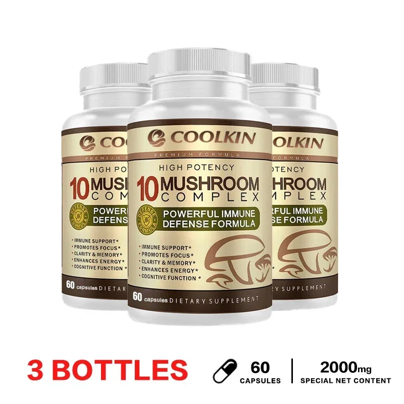 Coolkin 10-in-1 Mushroom Complex Capsules – Lion's Mane, Reishi & Adaptogenic Mushroom Blend for Brain, Memory & Immune Support