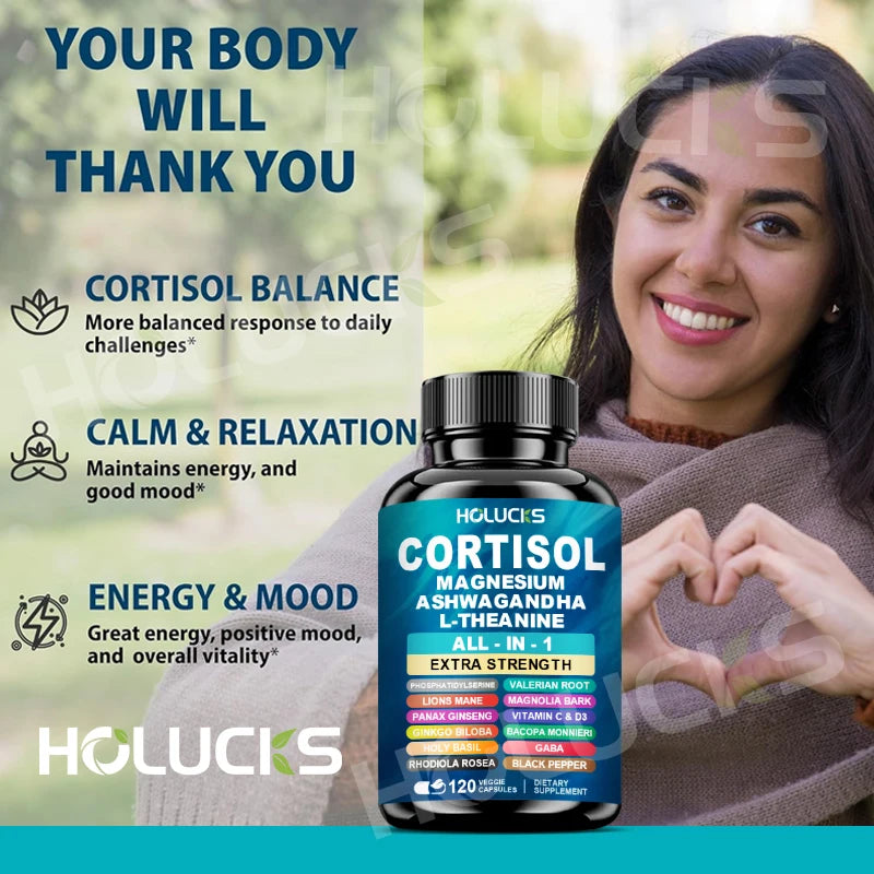 HOLUCKS Corti-Soothe Supplement with Ashwagandha, Magnesium & L-Theanine – Daily Stress & Relaxation Support