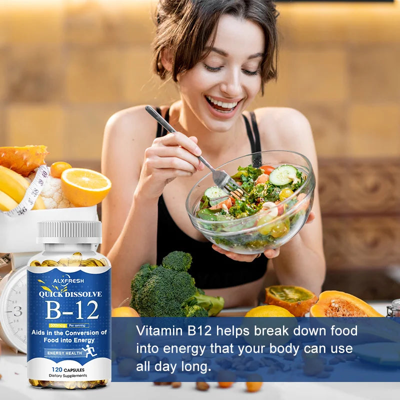 ALXFRESH Vitamin B12 Capsules – Daily B12 Supplement for Energy, Nervous System & Mood Support