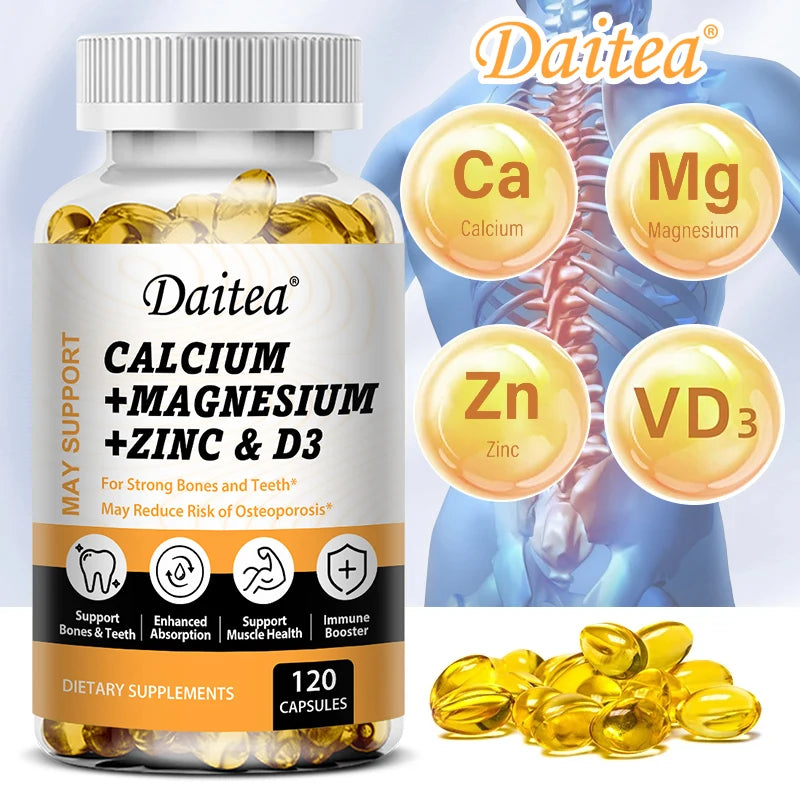 DAITEA Calcium Magnesium Zinc with Vitamin D3 Capsules – Daily Bone, Teeth & Immune Support