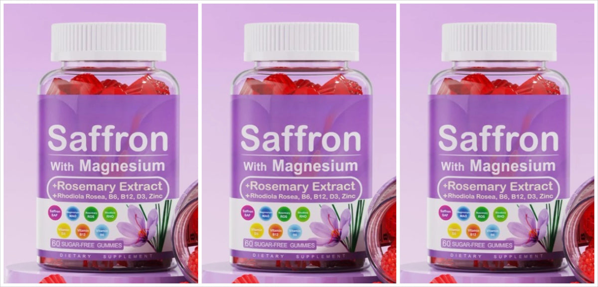 Saffron Gummies with Magnesium Glycinate, Vitamins B6, B12 & D3 – Sugar-Free Mood, Relaxation & Focus Support, 120 Gummies