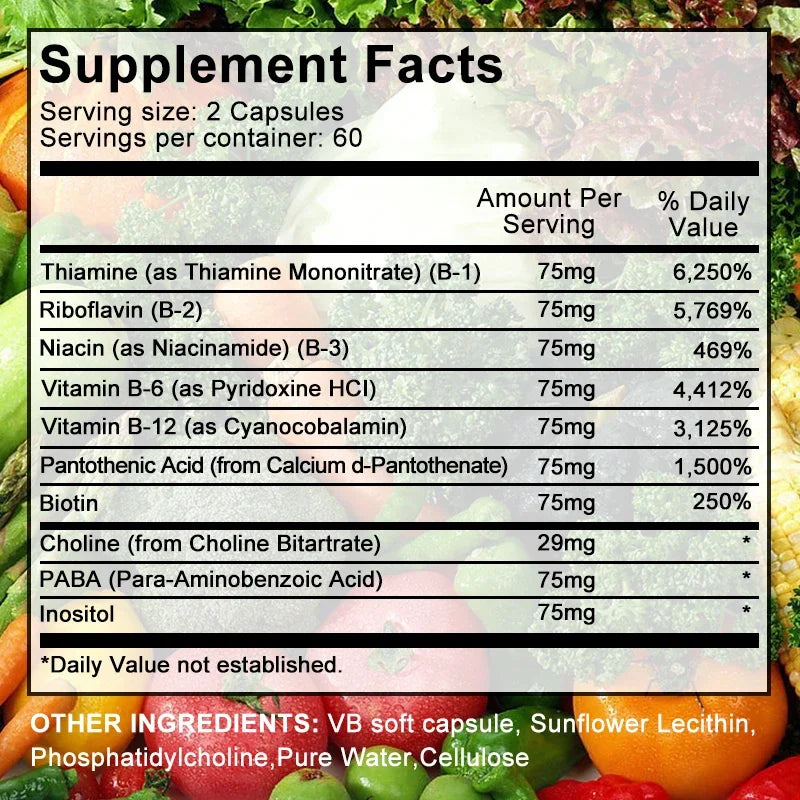 Vitamin B Complex Capsules with B12, B6 & Biotin – Energy Metabolism, Nervous System, Immune & Stress Support Supplement (30/60/120 Capsules)