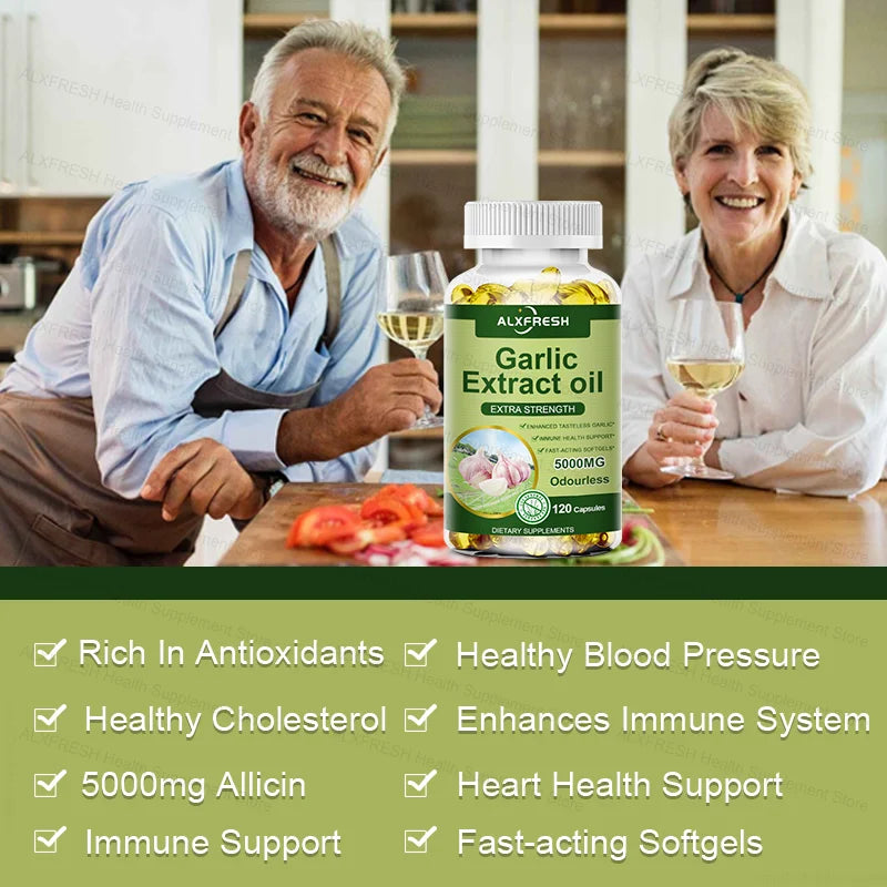 ALXFRESH Garlic Oil Capsules for Heart Health, Cholesterol Support & Immune System Wellness | Odorless Garlic Supplement | 60/120 Capsules