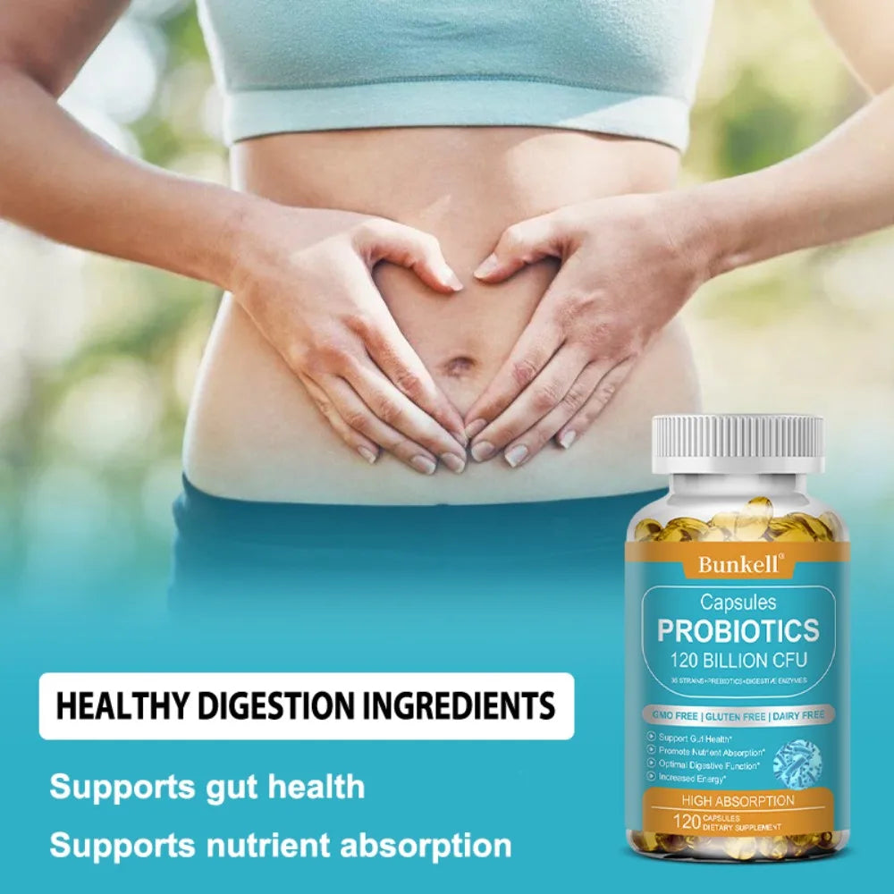 Bunkell 120 Billion CFU Probiotic Supplement with Prebiotics – Daily Gut & Digestive Health Support for Women & Men