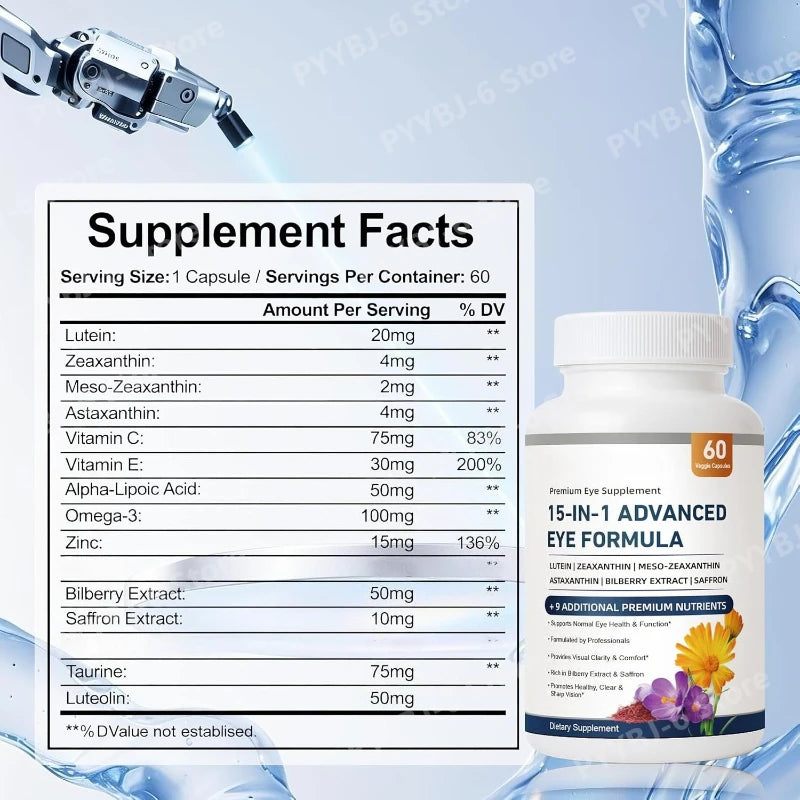 15-in-1 Eye Health Supplement – Lutein, Zeaxanthin, Bilberry Extract & Vitamins C and E, 60 Veggie Capsules