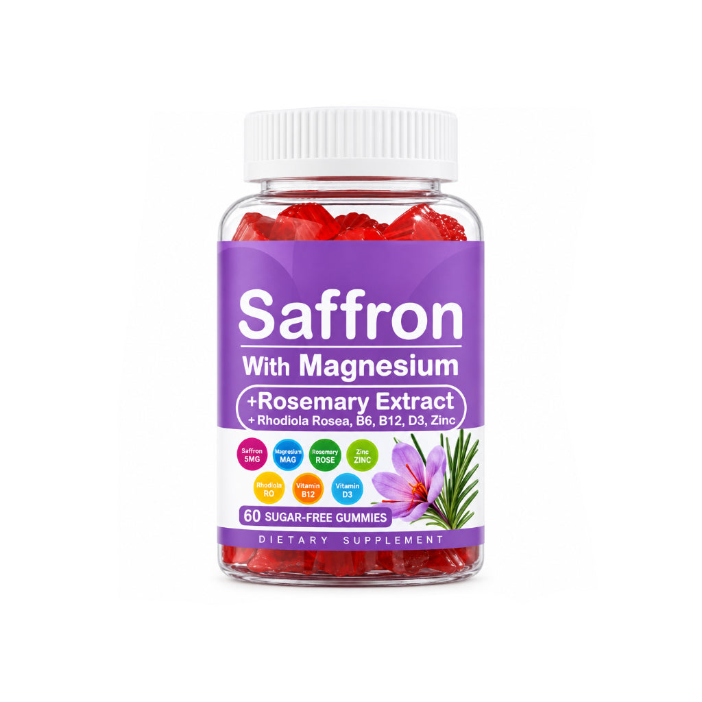 Saffron Gummies with Magnesium Glycinate, Vitamins B6, B12 & D3 – Sugar-Free Mood, Relaxation & Focus Support, 120 Gummies