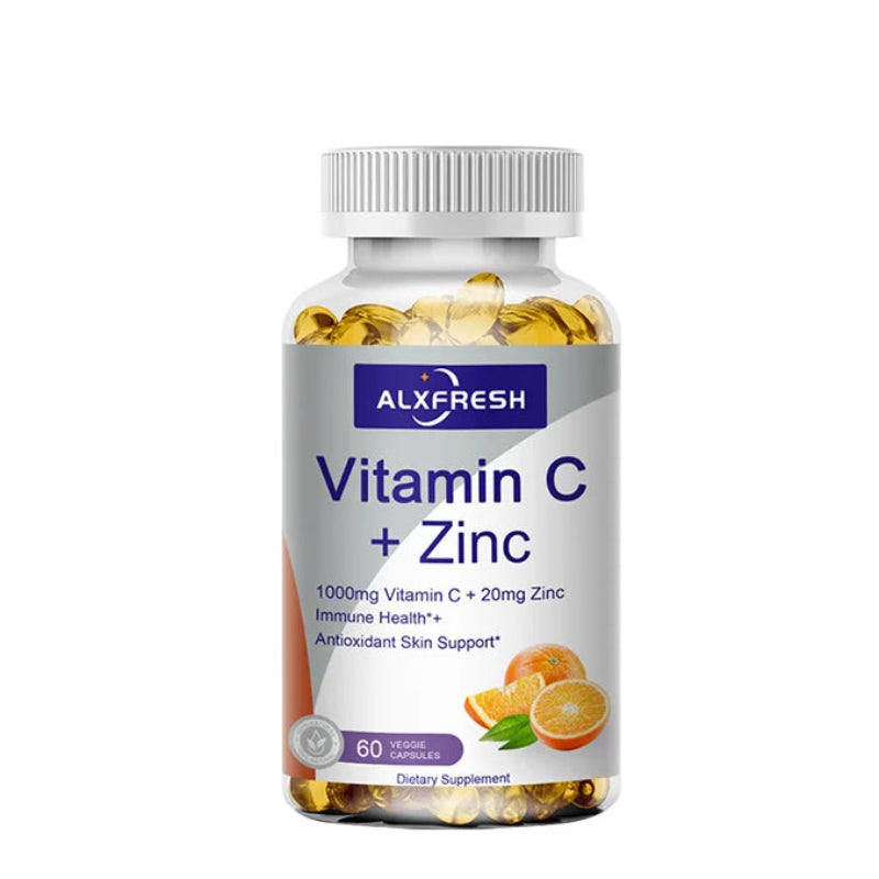 Vitamin C + Zinc supplement bottle with orange and green graphics on a white background