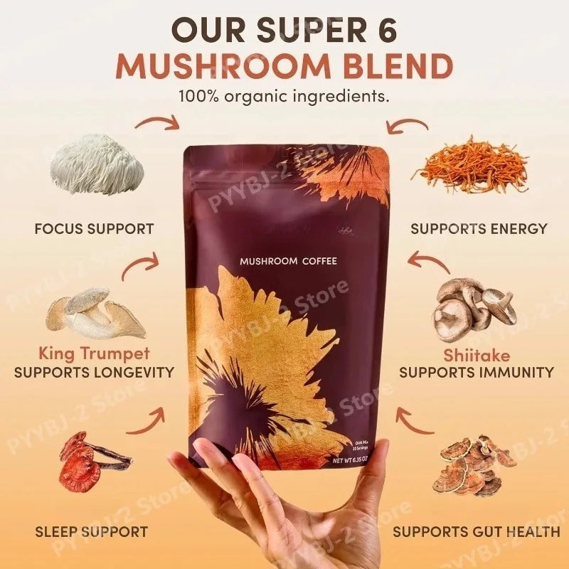 Organic Mushroom Coffee Powder with 6 Mushroom Extracts & MCT Oil – Smooth Daily Coffee Blend, 180g