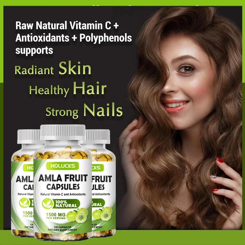 HOLUCKS Organic Amla Fruit 1500mg Capsules – Daily Vitamin C Supplement for Immune, Skin & Hair Support