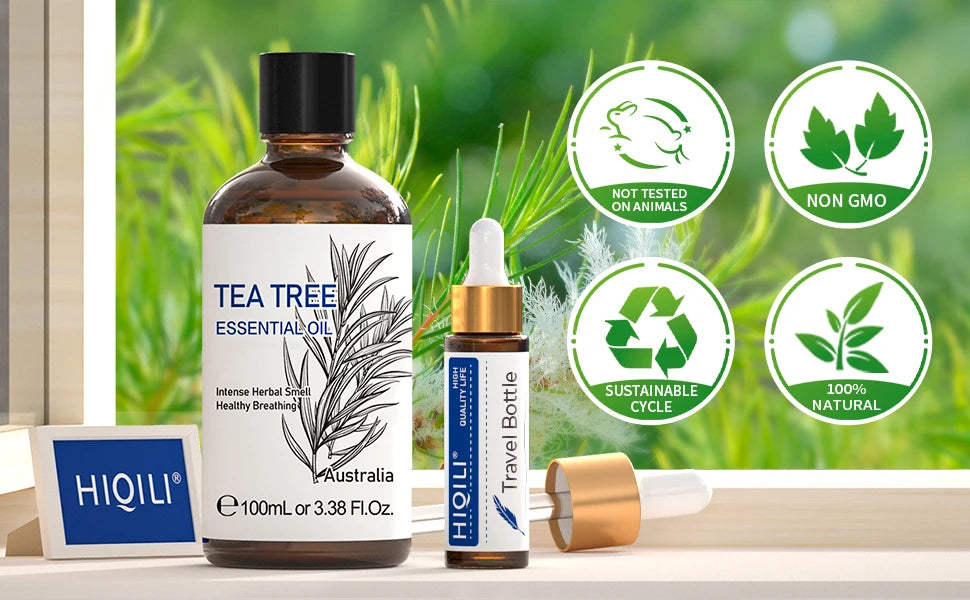 HIQILI Tea Tree Essential Oil 100ml – 100% Pure Steam Distilled Oil for Aromatherapy, Diffusers & Hair Care