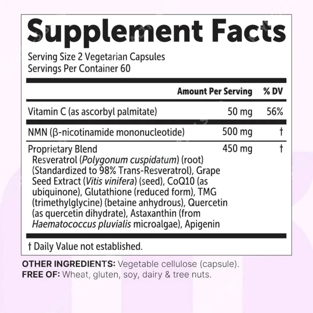 NMN Capsules 1000mg with Resveratrol, CoQ10 & Vitamin C – Vegan Daily Wellness Supplement, 120 Capsules