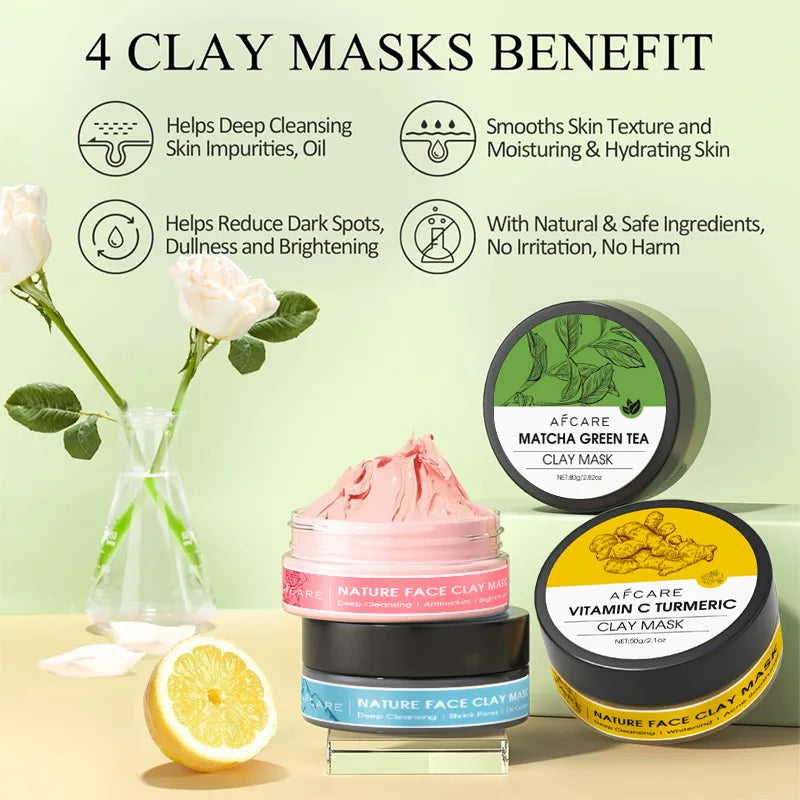 4-Piece Clay Face Mask Set 320g – Turmeric & Vitamin C, Green Tea, Dead Sea Mud and Rose Clay