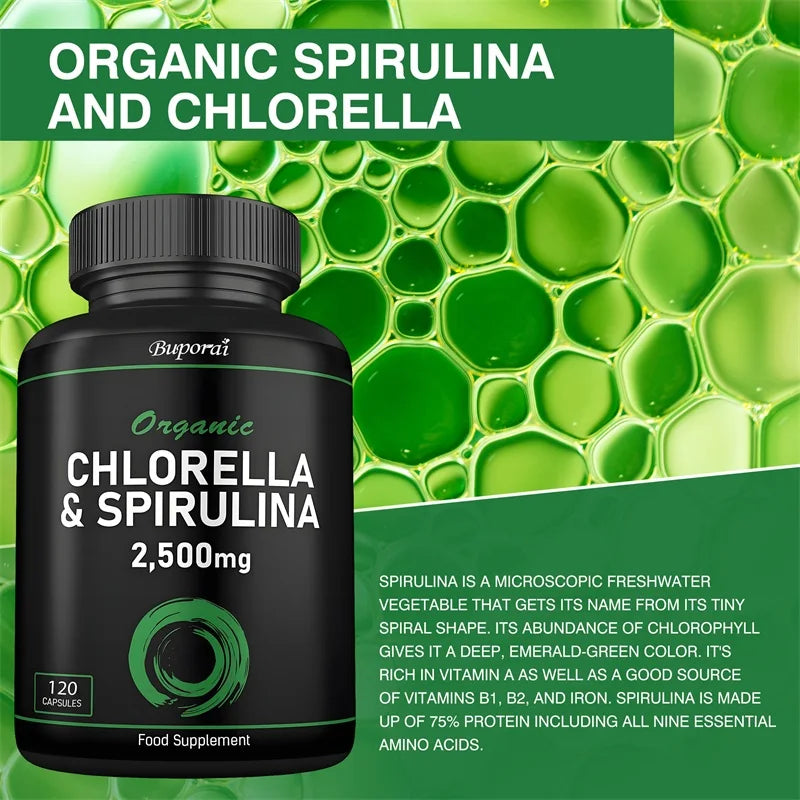 PSLALAE Organic Chlorella & Spirulina 2500mg Capsules – Daily Superfood Supplement for Immune & Energy Support