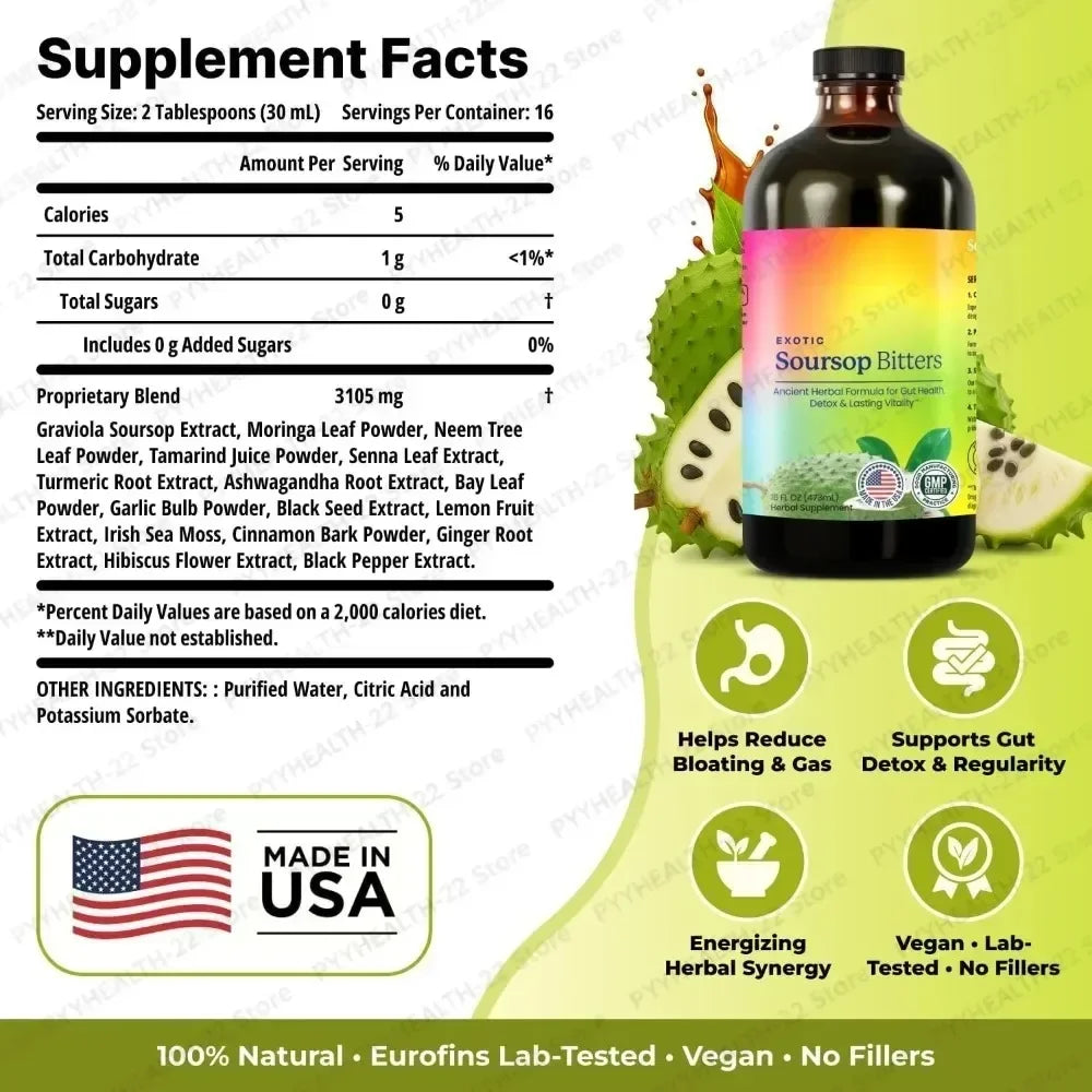 Soursop Bitters Liquid 473ml – Herbal Blend with Guanabana, Moringa, Black Seed & Ginger