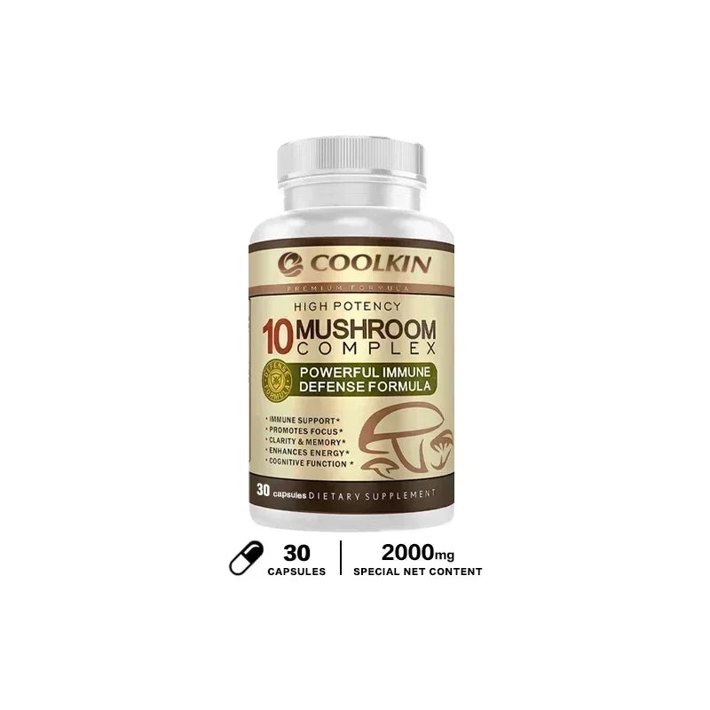 Coolkin 10-in-1 Mushroom Complex Capsules – Lion's Mane, Reishi & Adaptogenic Mushroom Blend for Brain, Memory & Immune Support