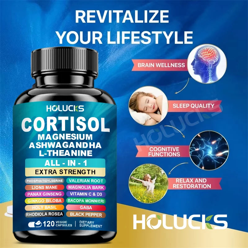 HOLUCKS Corti-Soothe Supplement with Ashwagandha, Magnesium & L-Theanine – Daily Stress & Relaxation Support
