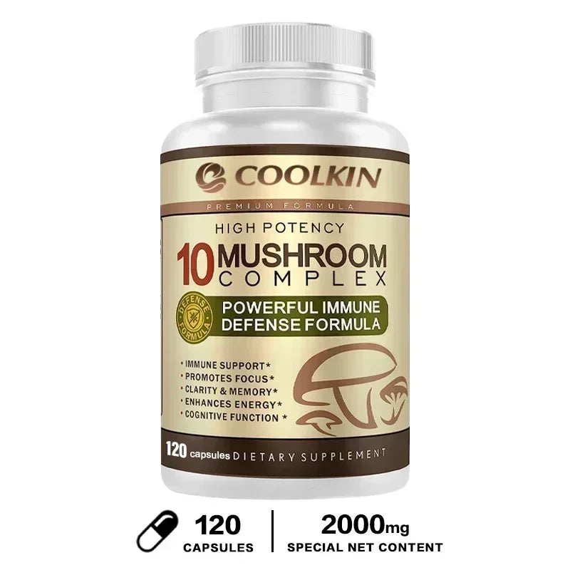 Coolkin 10-in-1 Mushroom Complex Capsules – Lion's Mane, Reishi & Adaptogenic Mushroom Blend for Brain, Memory & Immune Support