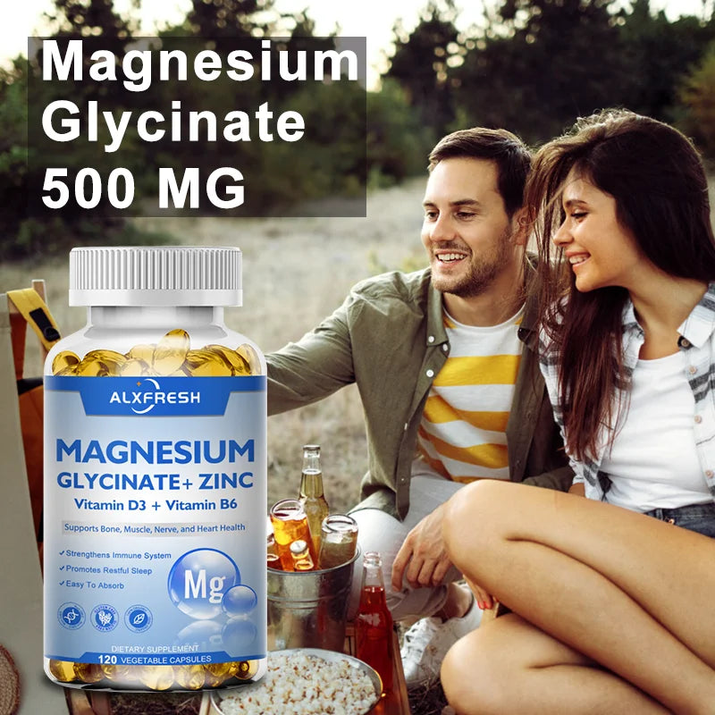 ALXFRESH Magnesium Glycinate 500mg Capsules – High Absorption Magnesium with Zinc, Vitamin D3 & Vitamin B6
