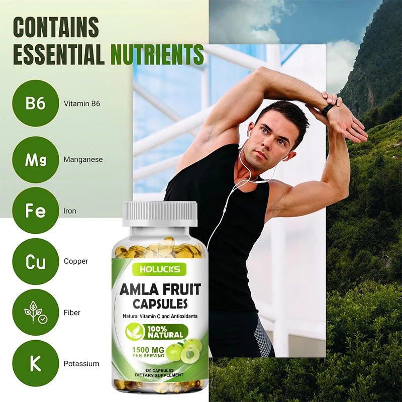 HOLUCKS Organic Amla Fruit 1500mg Capsules – Daily Vitamin C Supplement for Immune, Skin & Hair Support