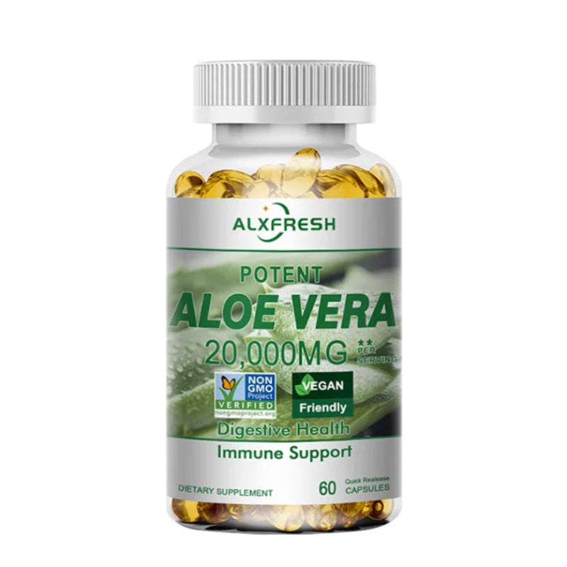 A bottle of ALXFRESH Potent Aloe Vera 20,000MG dietary supplement capsules on a plain white background.