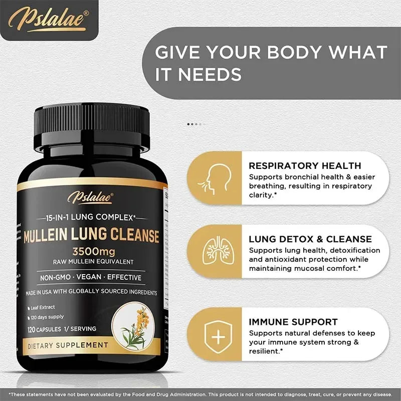 PSLALAE Mullein Lung Support Capsules with NAC & Turmeric 3500mg – Respiratory Health, Immune Support & Daily Lung Wellness Supplement (30/60/120 Capsules)