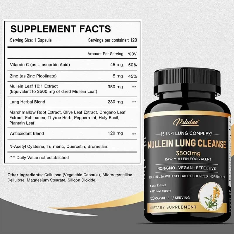 PSLALAE Mullein Lung Support Capsules with NAC & Turmeric 3500mg – Respiratory Health, Immune Support & Daily Lung Wellness Supplement (30/60/120 Capsules)