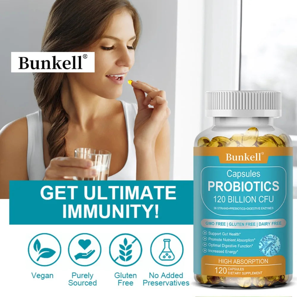 Bunkell 120 Billion CFU Probiotic Supplement with Prebiotics – Daily Gut & Digestive Health Support for Women & Men