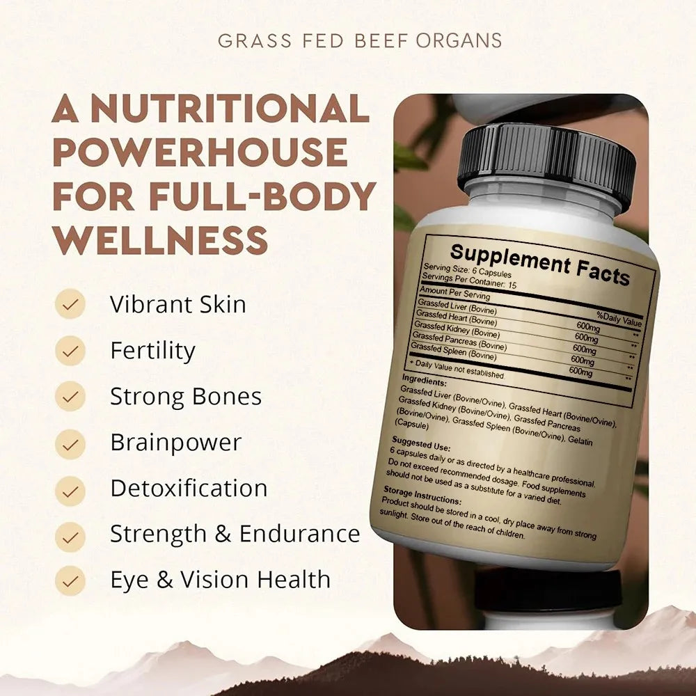 Grass Fed Beef Organ Capsules – Liver, Heart, Kidney & Spleen Supplement for Energy, Immune & Whole Body Wellness