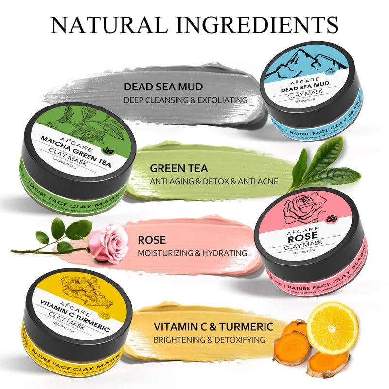 4-Piece Clay Face Mask Set 320g – Turmeric & Vitamin C, Green Tea, Dead Sea Mud and Rose Clay