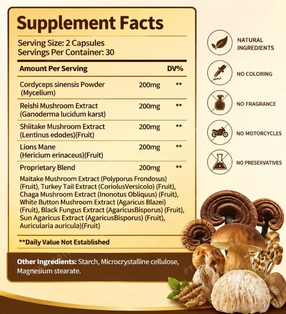 Mushroom Complex Capsules – Cordyceps, Reishi, Shiitake & Lion’s Mane Blend, 60 Capsules