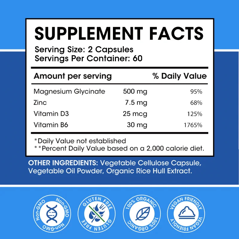 ALXFRESH Magnesium Glycinate 500mg Capsules – High Absorption Magnesium with Zinc, Vitamin D3 & Vitamin B6
